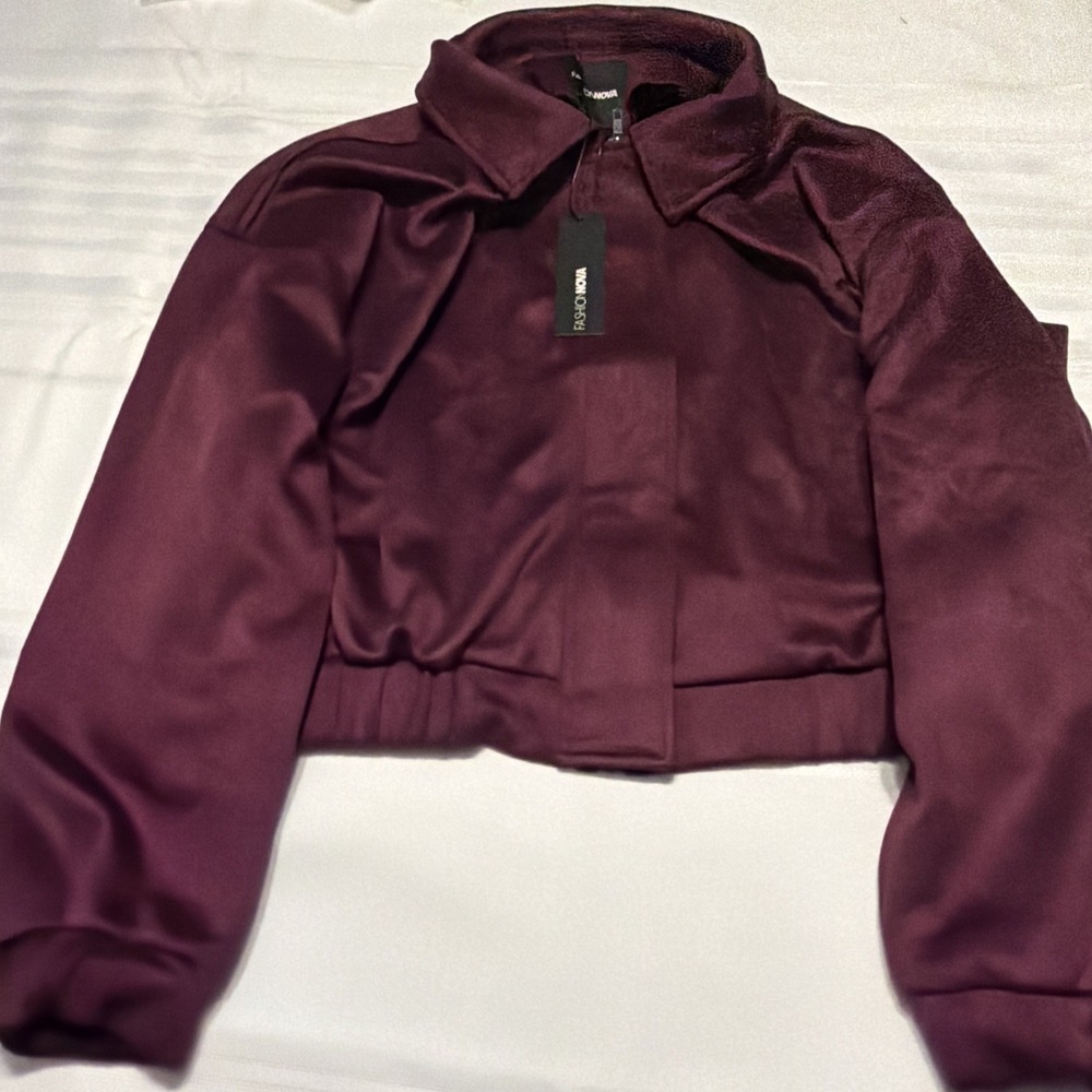 Fashion Nova Womens Faux Suede Cropped Bomber Jacket Burgundy Zip Up L